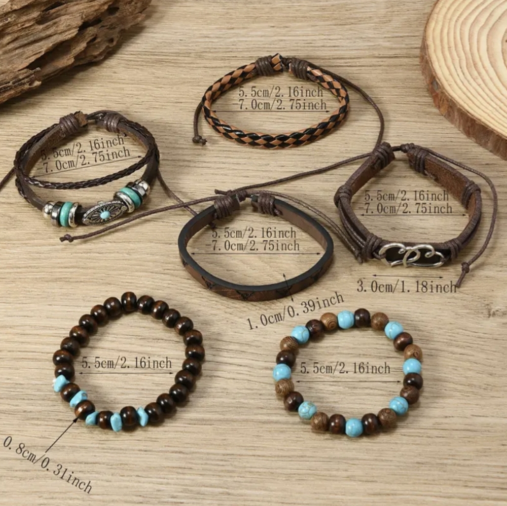 6 Pc Western Bracelet Boho Rodeo Turquoise Men Women Retro PU Leather Bracelets - Picture 10 of 13